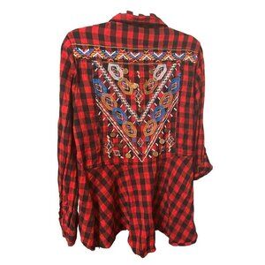 Emma G. High Low Peplum Top Shirt Red Plaid Embroidered Roll-Tab Slv Women’s LRG